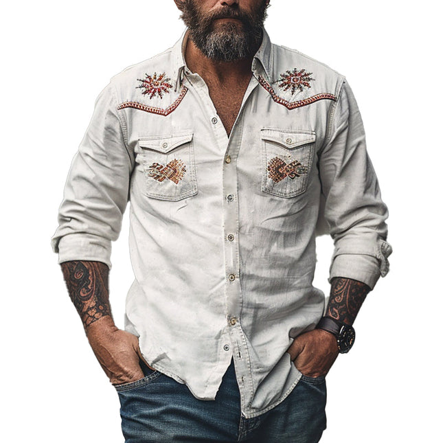 Men's Embroidered Long Sleeve Shirt | Vintage Cotton | Tailored Fit | Breathable Comfort | Casual & Semi-Formal | Button-Up Front | Artisanal Detailing | Versatile Styling
