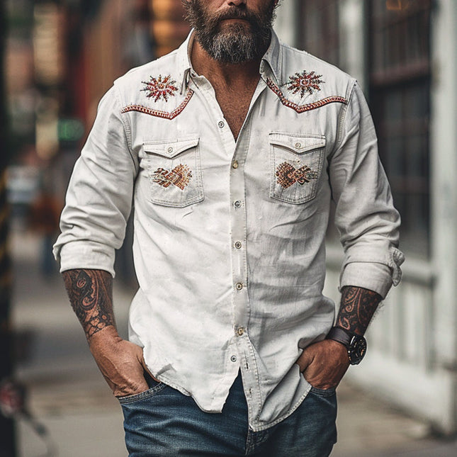 Men's Embroidered Long Sleeve Shirt | Vintage Cotton | Tailored Fit | Breathable Comfort | Casual & Semi-Formal | Button-Up Front | Artisanal Detailing | Versatile Styling