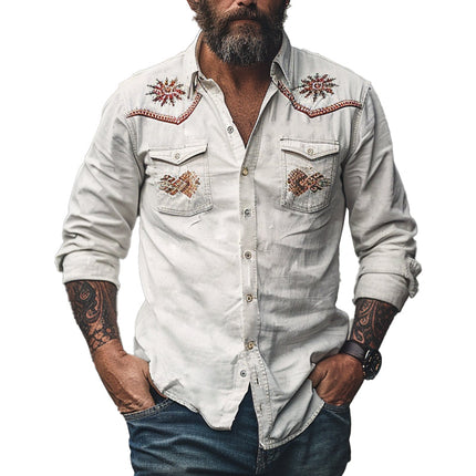 Men's Embroidered Long Sleeve Shirt | Vintage Cotton | Tailored Fit | Breathable Comfort | Casual & Semi-Formal | Button-Up Front | Artisanal Detailing | Versatile Styling