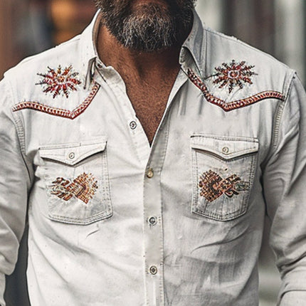 Men's Embroidered Long Sleeve Shirt | Vintage Cotton | Tailored Fit | Breathable Comfort | Casual & Semi-Formal | Button-Up Front | Artisanal Detailing | Versatile Styling