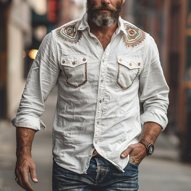 Men's Long Sleeve Embroidered Casual Shirt | Breathable Fabric | Versatile Style | Elegant Design | Available in Multiple Sizes | Ideal for Semi-Formal Occasions | Fashion Forward Wardrobe Essential