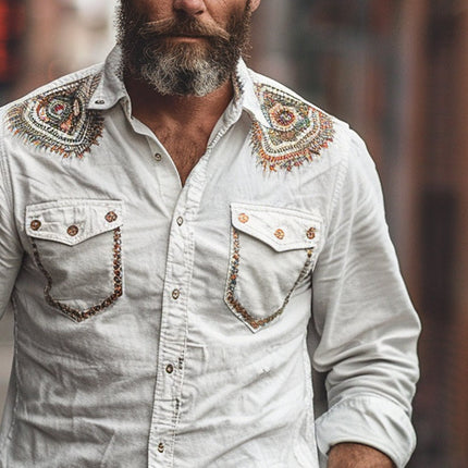 Men's Long Sleeve Embroidered Casual Shirt | Breathable Fabric | Versatile Style | Elegant Design | Available in Multiple Sizes | Ideal for Semi-Formal Occasions | Fashion Forward Wardrobe Essential