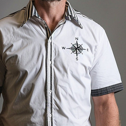 Men's Short Sleeve Shirt | Compass Print Design | Casual Relaxed Fit | Breathable Fabric | Summer Fashion Top | Adventure Inspired Style | Versatile Men's Shirt