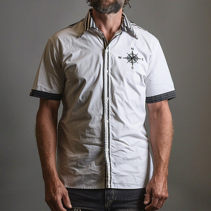 Men's Short Sleeve Shirt | Compass Print Design | Casual Relaxed Fit | Breathable Fabric | Summer Fashion Top | Adventure Inspired Style | Versatile Men's Shirt