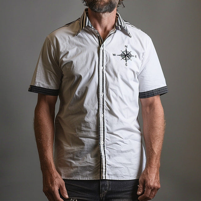 Men's Short Sleeve Shirt | Compass Print Design | Casual Relaxed Fit | Breathable Fabric | Summer Fashion Top | Adventure Inspired Style | Versatile Men's Shirt
