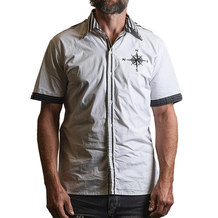 Men's Short Sleeve Shirt | Compass Print Design | Casual Relaxed Fit | Breathable Fabric | Summer Fashion Top | Adventure Inspired Style | Versatile Men's Shirt