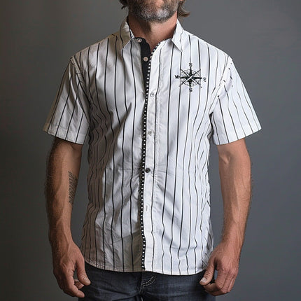 Men's Dress Shirt | Compass Print | Striped Pattern | High-Quality Fabric | Button-Down Collar | Versatile Styling | Sizes Available | Fashionable and Durable