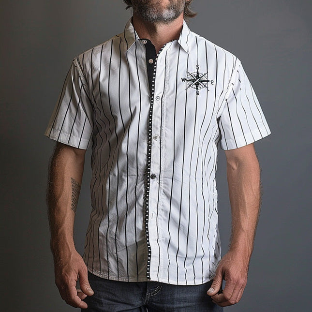 Men's Dress Shirt | Compass Print | Striped Pattern | High-Quality Fabric | Button-Down Collar | Versatile Styling | Sizes Available | Fashionable and Durable