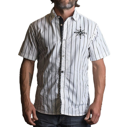 Men's Dress Shirt | Compass Print | Striped Pattern | High-Quality Fabric | Button-Down Collar | Versatile Styling | Sizes Available | Fashionable and Durable