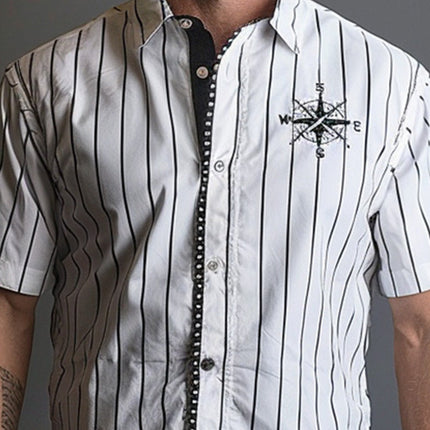 Men's Dress Shirt | Compass Print | Striped Pattern | High-Quality Fabric | Button-Down Collar | Versatile Styling | Sizes Available | Fashionable and Durable