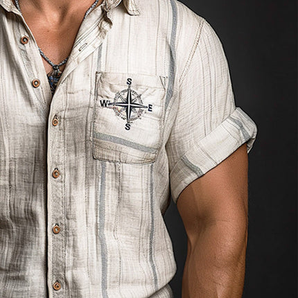 Men's Linen Shirt | Compass Embroidered | Cowboy Style | Light Fabric | Breathable Casual Fit | High-Quality | Versatile Design | Sophisticated and Comfortable | Ideal for Day and Night Events