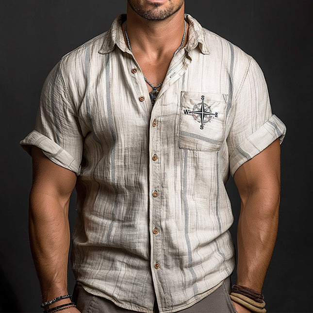 Men's Linen Shirt | Compass Embroidered | Cowboy Style | Light Fabric | Breathable Casual Fit | High-Quality | Versatile Design | Sophisticated and Comfortable | Ideal for Day and Night Events