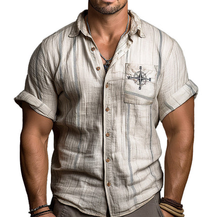Men's Linen Shirt | Compass Embroidered | Cowboy Style | Light Fabric | Breathable Casual Fit | High-Quality | Versatile Design | Sophisticated and Comfortable | Ideal for Day and Night Events