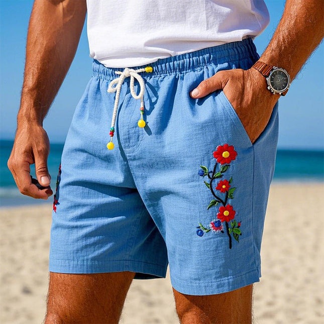 Men's Lightweight Beach Shorts | Simple Embroidered Design | Elastic Waistband | Breathable Fabric | Side Pockets | Summer Casual Comfort