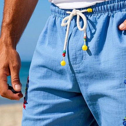 Men's Lightweight Beach Shorts | Simple Embroidered Design | Elastic Waistband | Breathable Fabric | Side Pockets | Summer Casual Comfort