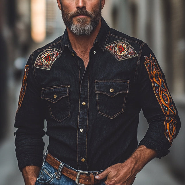 Men's Vintage Denim Shirt | Embroidered Lapel | Long Sleeve | Button-Down | High-Quality Durable Material | Tailored Fit | Classic & Contemporary Style | Casual & Semi-Formal | Versatile Wardrobe Essential