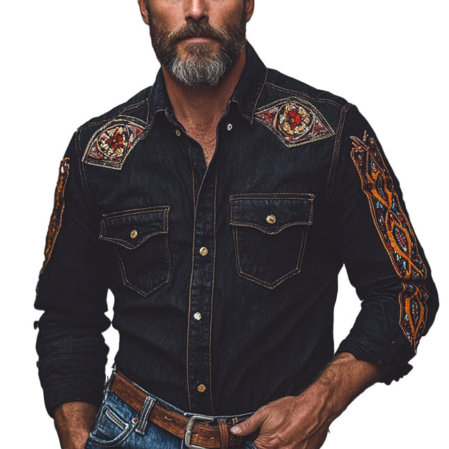 Men's Vintage Denim Shirt | Embroidered Lapel | Long Sleeve | Button-Down | High-Quality Durable Material | Tailored Fit | Classic & Contemporary Style | Casual & Semi-Formal | Versatile Wardrobe Essential