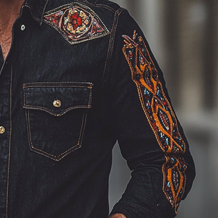 Men's Vintage Denim Shirt | Embroidered Lapel | Long Sleeve | Button-Down | High-Quality Durable Material | Tailored Fit | Classic & Contemporary Style | Casual & Semi-Formal | Versatile Wardrobe Essential