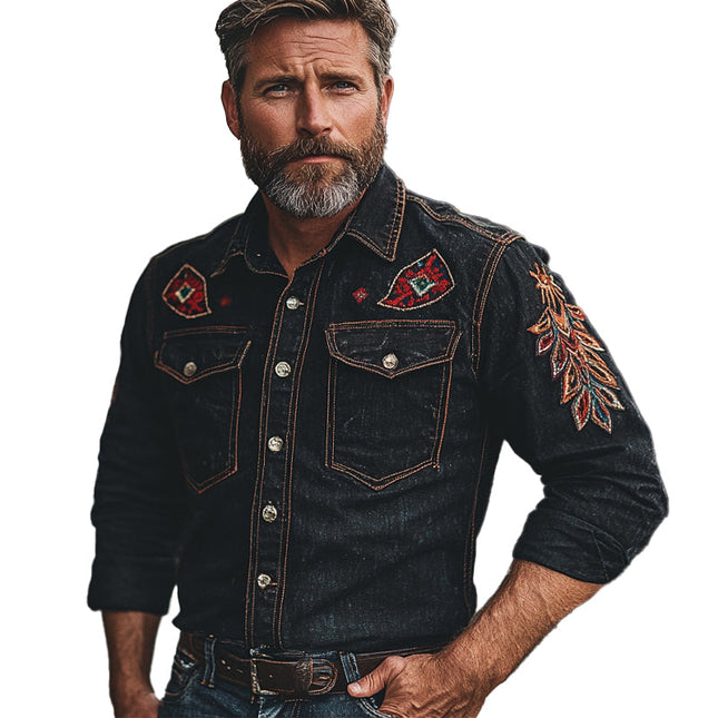 Men's Vintage Denim Shirt | Embroidered Long Sleeve | High-Quality Denim | Tailored Fit | Classic Collar | Casual & Semi-Formal | Intricate Chest & Cuffs Embroidery | Durable & Comfortable | Smart-Casual Styling