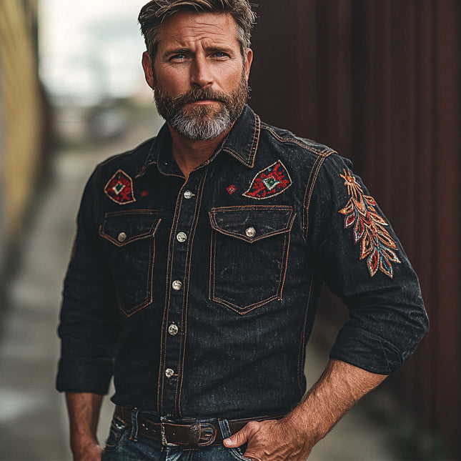 Men's Vintage Denim Shirt | Embroidered Long Sleeve | High-Quality Denim | Tailored Fit | Classic Collar | Casual & Semi-Formal | Intricate Chest & Cuffs Embroidery | Durable & Comfortable | Smart-Casual Styling