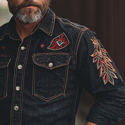 Men's Vintage Denim Shirt | Embroidered Long Sleeve | High-Quality Denim | Tailored Fit | Classic Collar | Casual & Semi-Formal | Intricate Chest & Cuffs Embroidery | Durable & Comfortable | Smart-Casual Styling