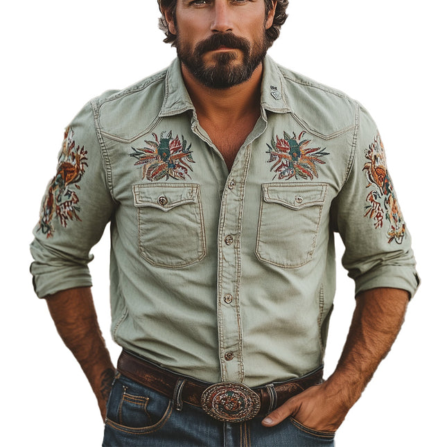 Men's Stylish Embroidered Lapel Long Sleeve Shirt | Casual Button-Down | High-Quality Fabric | Versatile Design for Formal & Casual Outfits | Men's Fashion | Classic Silhouette & Sophisticated Detailing