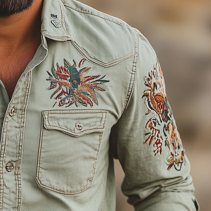 Men's Stylish Embroidered Lapel Long Sleeve Shirt | Casual Button-Down | High-Quality Fabric | Versatile Design for Formal & Casual Outfits | Men's Fashion | Classic Silhouette & Sophisticated Detailing