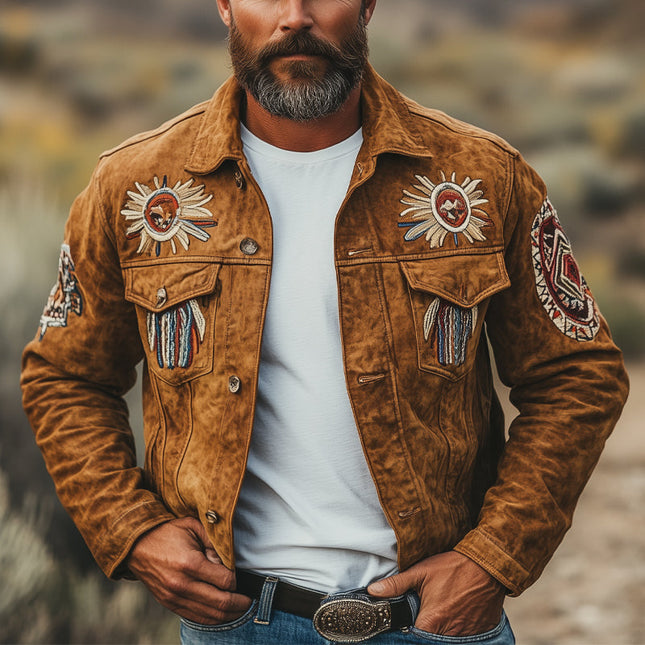 Men's Suede Jacket | Vintage Embroidered | Lightweight Outerwear for Fall | Comfortable Fit | Premium Quality | Stylish Transitional Coat | Perfect for Casual & Semi-Formal Outfits