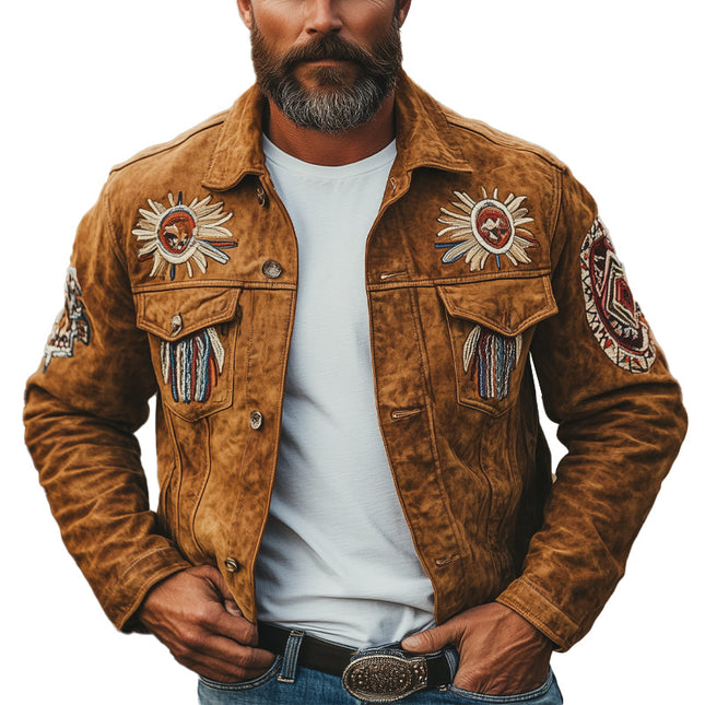 Men's Suede Jacket | Vintage Embroidered | Lightweight Outerwear for Fall | Comfortable Fit | Premium Quality | Stylish Transitional Coat | Perfect for Casual & Semi-Formal Outfits