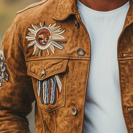 Men's Suede Jacket | Vintage Embroidered | Lightweight Outerwear for Fall | Comfortable Fit | Premium Quality | Stylish Transitional Coat | Perfect for Casual & Semi-Formal Outfits