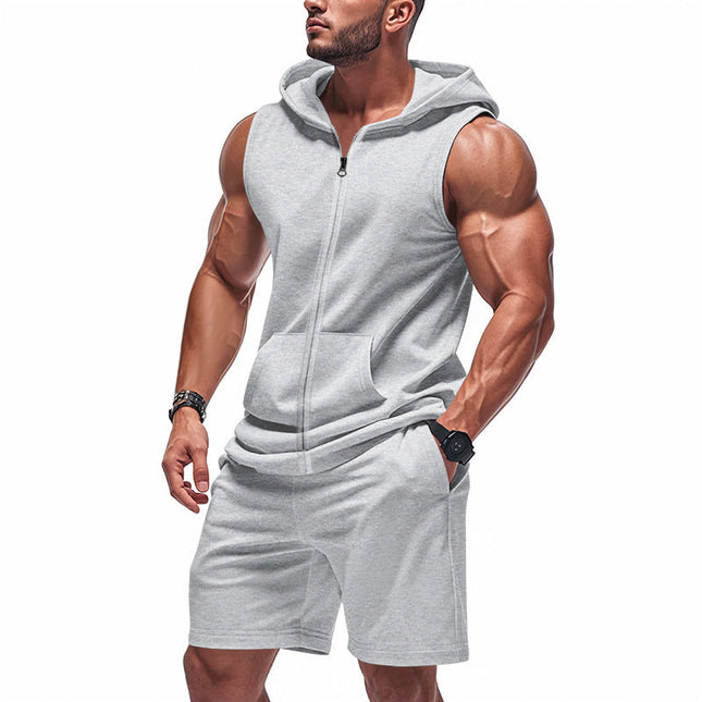 Men's Sports Two-Piece Set | Sleeveless Hoody | Breathable Fabric | Moisture-Wicking | Adjustable Shorts | Gym Wear | Casual Outfit | Solid Color Design | Comfortable Fit | Versatile Activewear