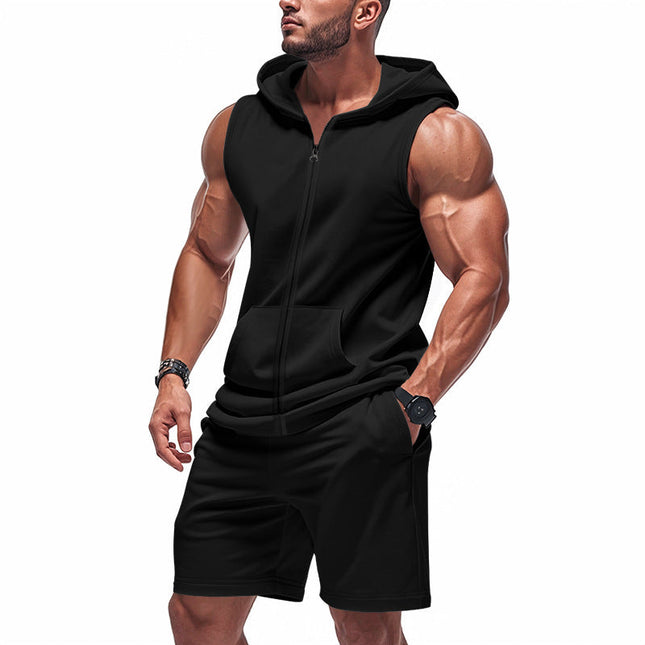 Men's Sports Two-Piece Set | Sleeveless Hoody | Breathable Fabric | Moisture-Wicking | Adjustable Shorts | Gym Wear | Casual Outfit | Solid Color Design | Comfortable Fit | Versatile Activewear