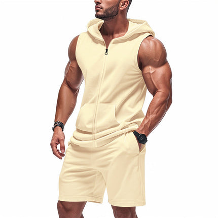 Men's Sports Two-Piece Set | Sleeveless Hoody | Breathable Fabric | Moisture-Wicking | Adjustable Shorts | Gym Wear | Casual Outfit | Solid Color Design | Comfortable Fit | Versatile Activewear