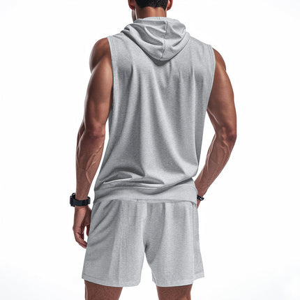 Men's Sports Two-Piece Set | Sleeveless Hoody | Breathable Fabric | Moisture-Wicking | Adjustable Shorts | Gym Wear | Casual Outfit | Solid Color Design | Comfortable Fit | Versatile Activewear