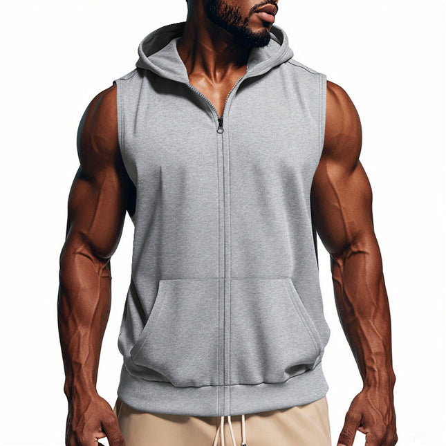 Men's Hooded Sleeveless Zip-Up Jacket | Solid Color Design | Durable Fabric | Modern Fashion Outerwear