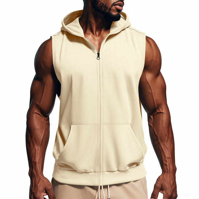 Men's Hooded Sleeveless Zip-Up Jacket | Solid Color Design | Durable Fabric | Modern Fashion Outerwear