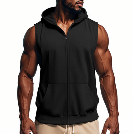 Men's Hooded Sleeveless Zip-Up Jacket | Solid Color Design | Durable Fabric | Modern Fashion Outerwear