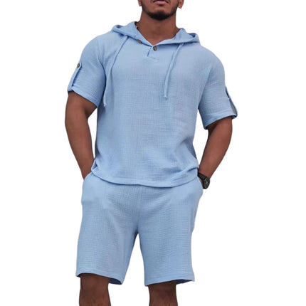 Men's Cotton Linen Two-Piece Set | Solid Color | Short-Sleeved Shirt & Shorts | Breathable Fabric | Casual Summer Outfit