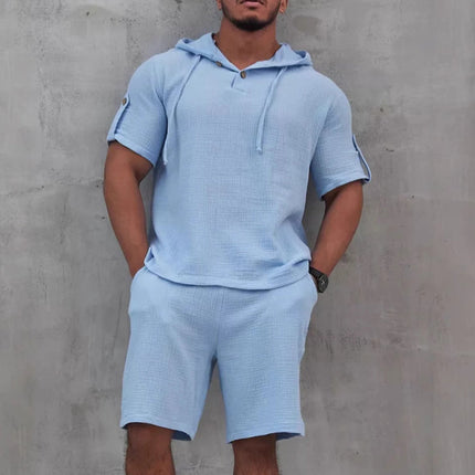 Men's Cotton Linen Two-Piece Set | Solid Color | Short-Sleeved Shirt & Shorts | Breathable Fabric | Casual Summer Outfit