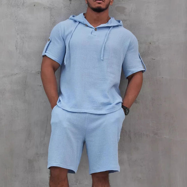 Men's Cotton Linen Two-Piece Set | Solid Color | Short-Sleeved Shirt & Shorts | Breathable Fabric | Casual Summer Outfit