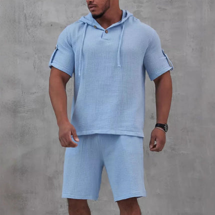 Men's Cotton Linen Two-Piece Set | Solid Color | Short-Sleeved Shirt & Shorts | Breathable Fabric | Casual Summer Outfit