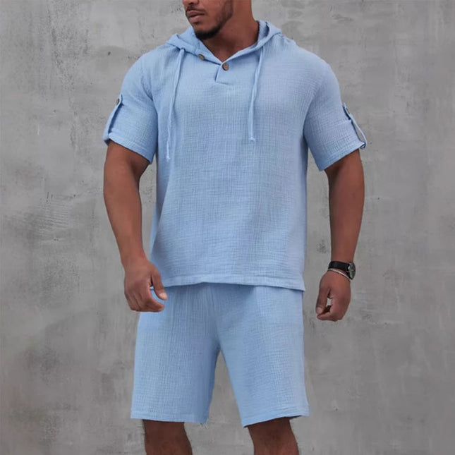 Men's Cotton Linen Two-Piece Set | Solid Color | Short-Sleeved Shirt & Shorts | Breathable Fabric | Casual Summer Outfit