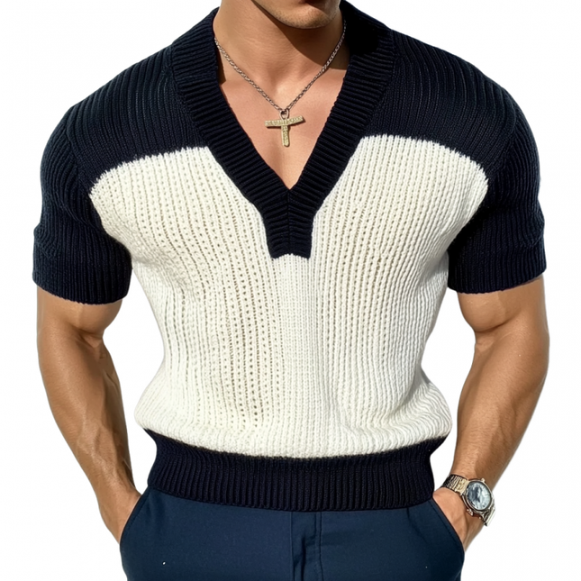 Men's V-Neck Slim Fit Knitted Sweater | Contrast Color | Short Sleeve | Casual Tops | Stylish Design | Premium Quality | Versatile Men's Apparel | Short Sleeve Knitwear