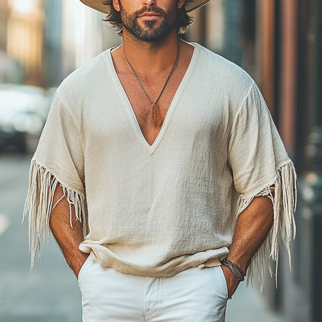 Men's Cotton Linen T-Shirt | Casual Loose Fit | Deep V-Neck | Tassel Design | Bohemian Style | Short Sleeve | Breathable Fabric | Eco-Friendly | Sizes S-3XL | Ideal for Beach & Festival Outfits