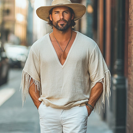 Men's Cotton Linen T-Shirt | Casual Loose Fit | Deep V-Neck | Tassel Design | Bohemian Style | Short Sleeve | Breathable Fabric | Eco-Friendly | Sizes S-3XL | Ideal for Beach & Festival Outfits