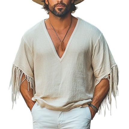 Men's Cotton Linen T-Shirt | Casual Loose Fit | Deep V-Neck | Tassel Design | Bohemian Style | Short Sleeve | Breathable Fabric | Eco-Friendly | Sizes S-3XL | Ideal for Beach & Festival Outfits