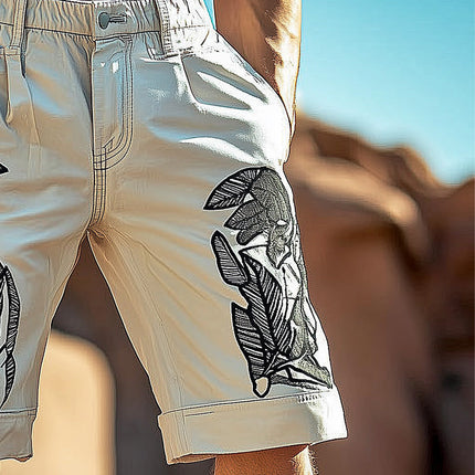 Men's Casual Shorts | Embroidered Design | Blend Fabric | Relaxed Fit | Elastic Waistband | Versatile Style