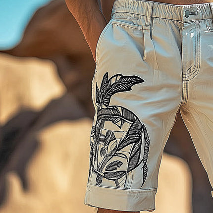 Men's Casual Shorts | Embroidered Design | Blend Fabric | Relaxed Fit | Elastic Waistband | Versatile Style