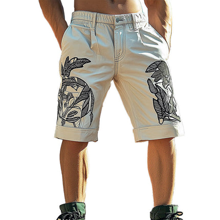 Men's Casual Shorts | Embroidered Design | Blend Fabric | Relaxed Fit | Elastic Waistband | Versatile Style