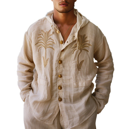 Men's Linen Hooded Shirt | Palm Leaf Embroidery | Casual Lightweight Top | Breathable Premium Fabric | Versatile Styles | Perfect for Beach & Casual Wear | Comfortable & Stylish | Men's Fashion